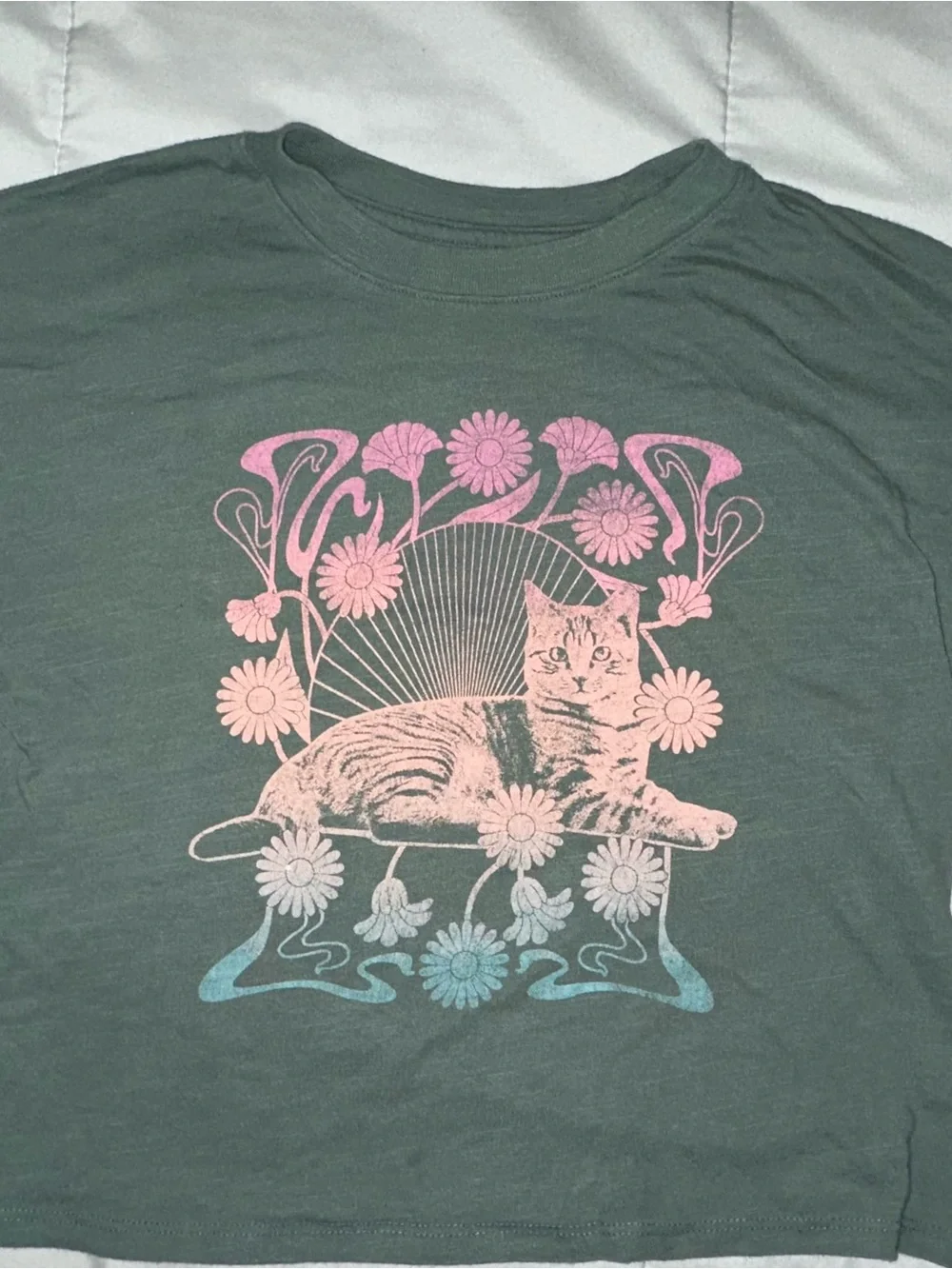 SO Green Tee with Pink and Blue Floral Cat Graphic